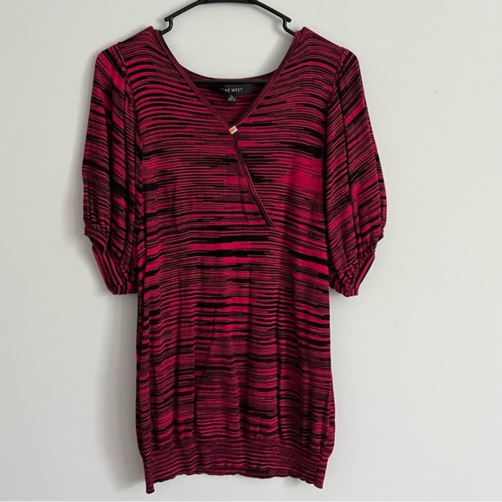 Nine West Fuchsia and Black Striped Knit V Neck Sweater